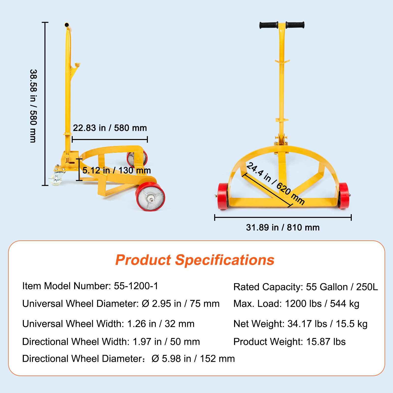 VEVOR 55 Gal Drum Dolly Heavy Duty Barrel Cart 1000-2000lbs with Swivel Casters - Picture 57 of 62