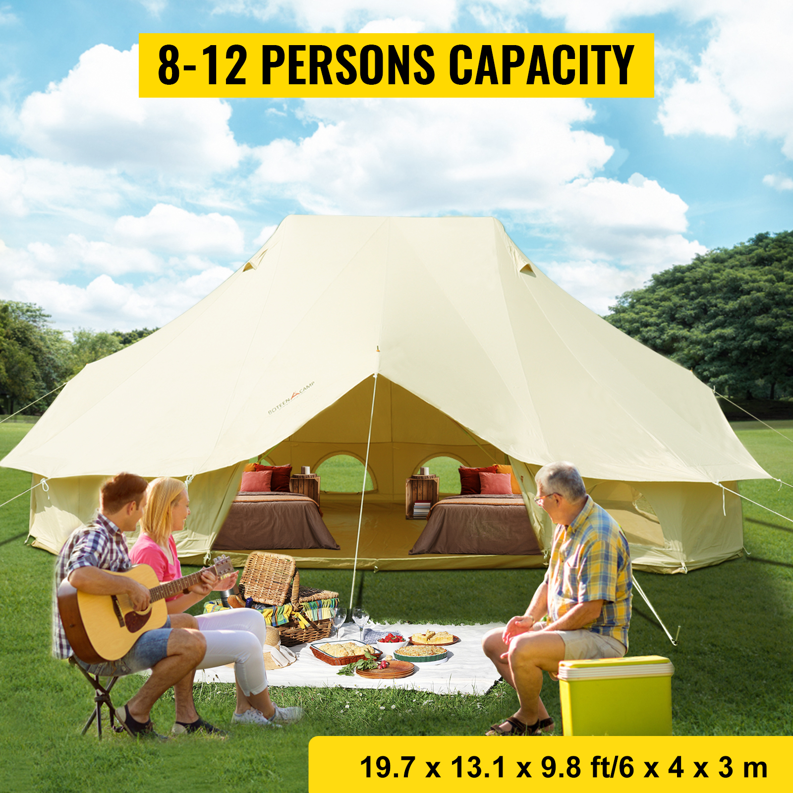 VEVOR 6m Bell Tent 19.7x13.1x9.8 ft Yurt Beige Canvas Tent Cotton Glamping  Tents 8-12 Person 4 Season Teepee Tent Portable for Adults Luxury Safari