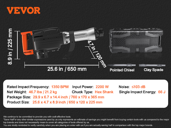Demolition Jack Hammer,2200W,2 Chisel Bits