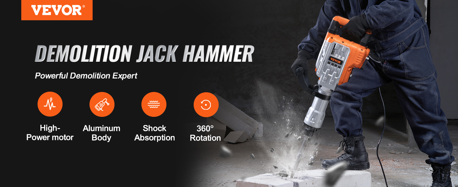 VEVOR Demolition Jack Hammer Jack Hammer Concrete Breaker 1200 Bpm Heavy Duty Electric Jack Hammer 3 Chisel Bit W/Gloves & 360° Swiveling Front