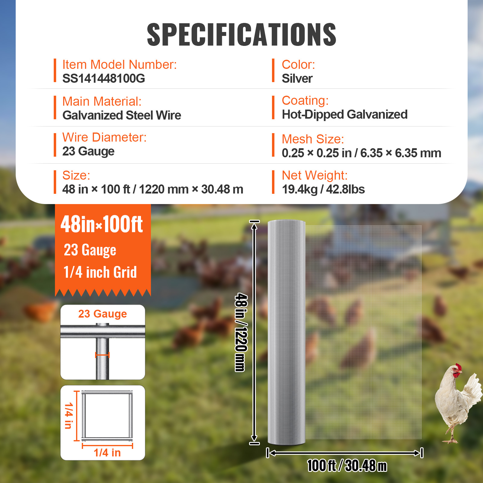 Hardware Cloth 1/4" 36/48inx100/50ft 23 Ga Wire Mesh Roll Chicken Fencing - Picture 9 of 50