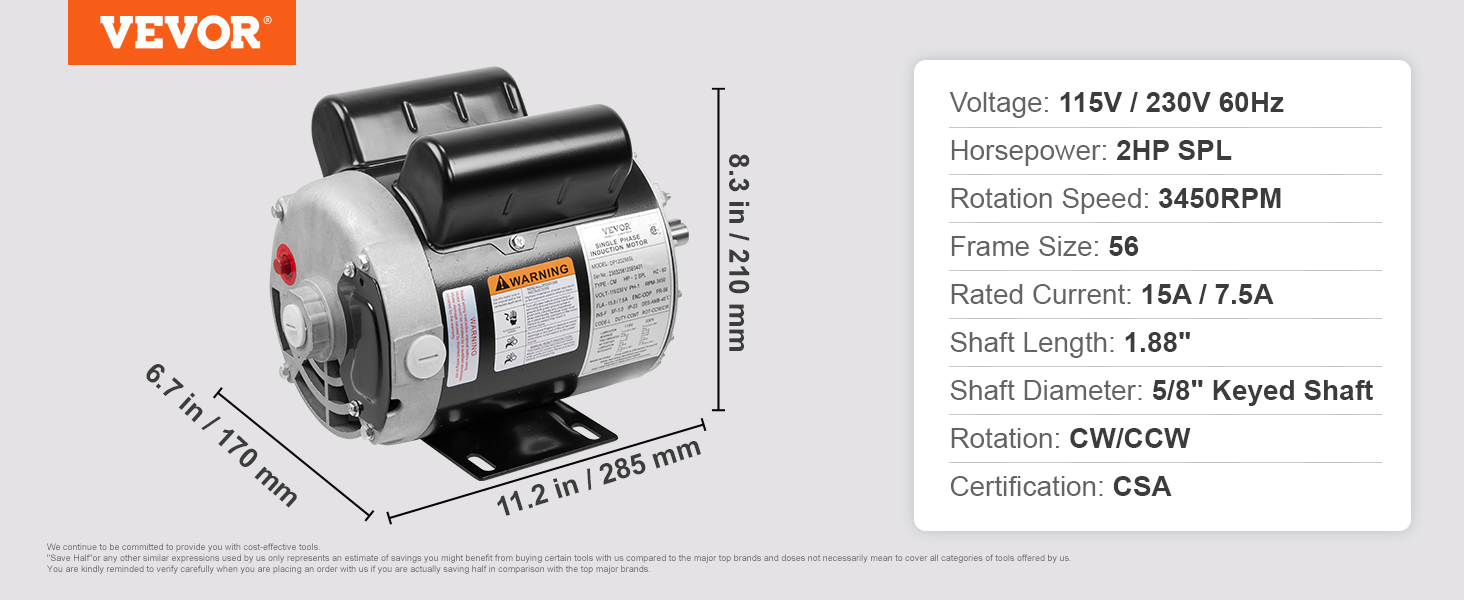 VEVOR 2HP SPL Air Compressor Electric Motor, 115/230V, 15/7.5Amps, 56HZ