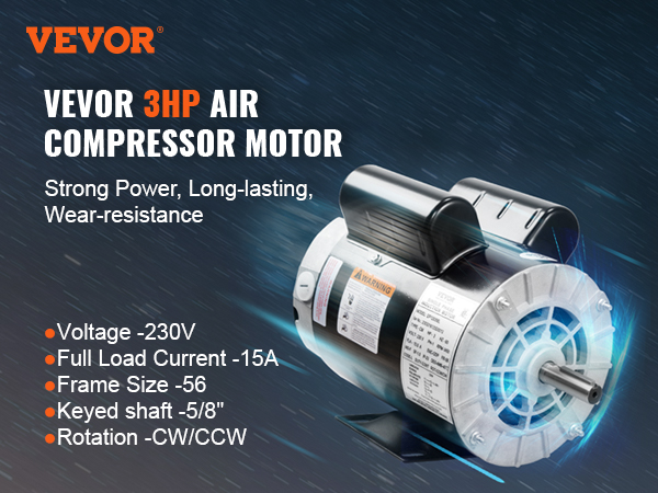 VEVOR 3HP Air Compressor Electric Motor, 230V 15 Amps, 56 Frame 3450RPM, 5/8
