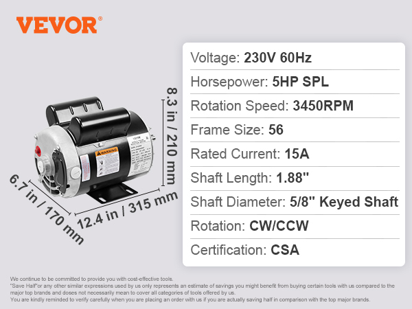 VEVOR 5HP SPL Air Compressor Electric Motor, 230V 15.0Amps, 56 Frame 3450RPM,  5/8