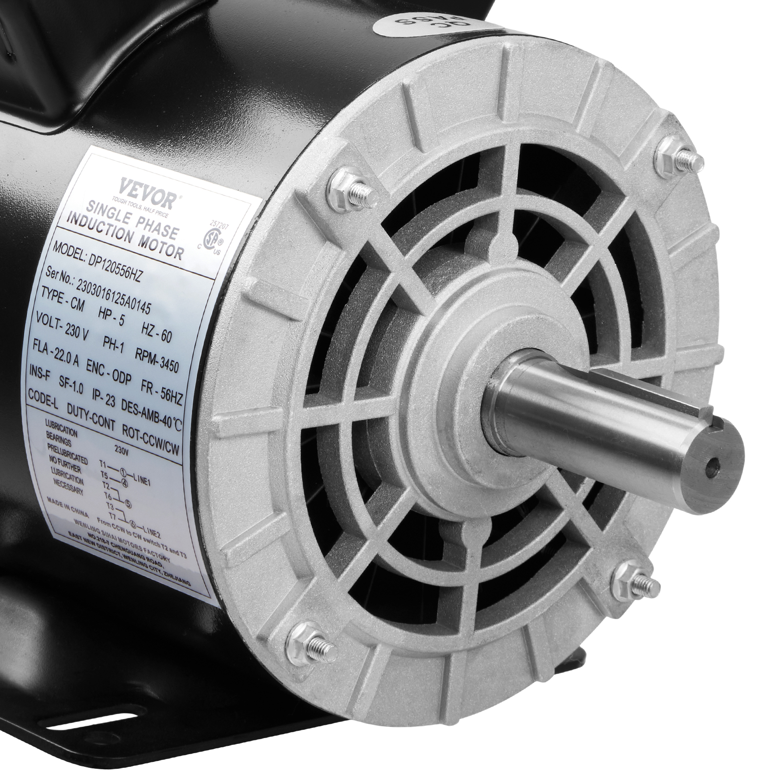 5HP Air Compressor Motor 3450 RPM Single Phase Electric Motor 7/8 in. Keyed  shaft 230V FLA 22A 56 Frame CW/CCW Rotation