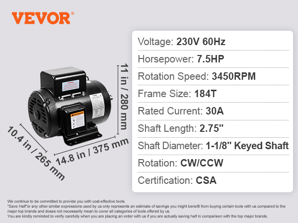 Air Compressor Motor,7.5HP, 230V 30A