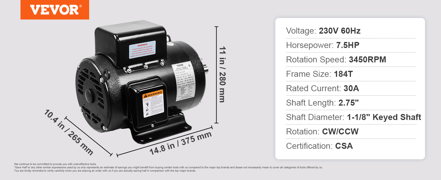 Air Compressor Motor,7.5HP, 230V 30A