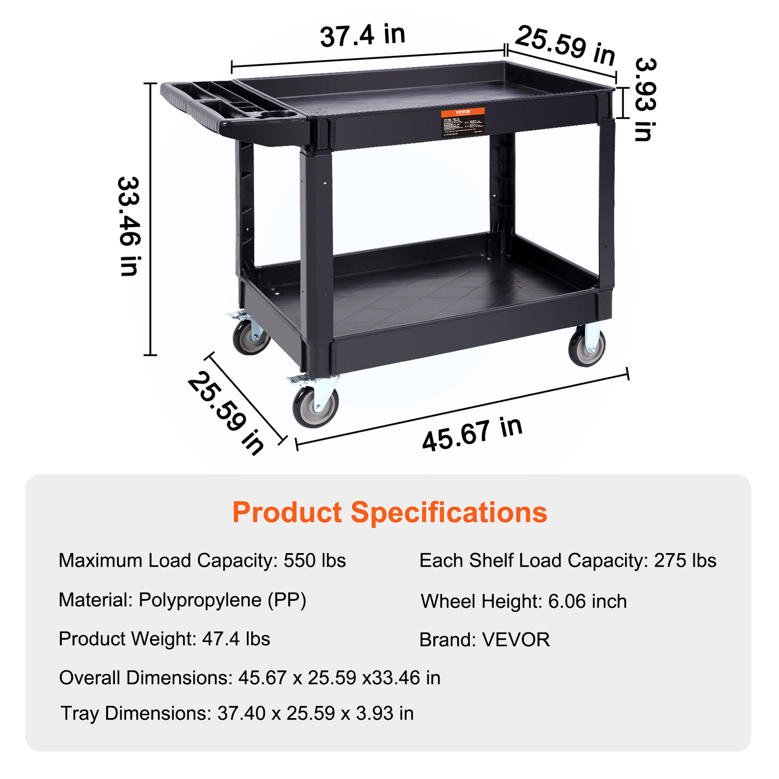 VEVOR Utility Service Cart Rolling Cart 2/3 Shelf 550LBS with 360° Swivel Wheels