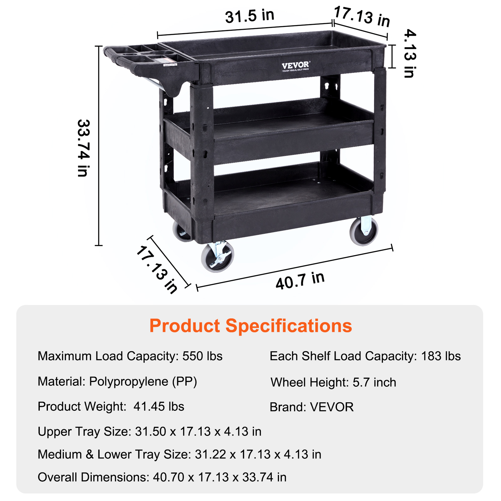 VEVOR Utility Service Cart Rolling Cart 2/3 Shelf 550LBS with 360° Swivel Wheels