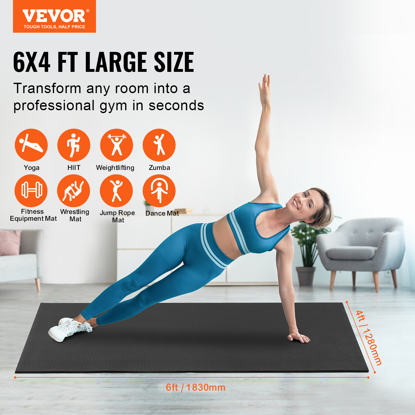 VEVOR Exercise Mat Non Slip Yoga Mat Gym Fitness Pilate Workout Mat (6x4-12x6ft) - Picture 4 of 86