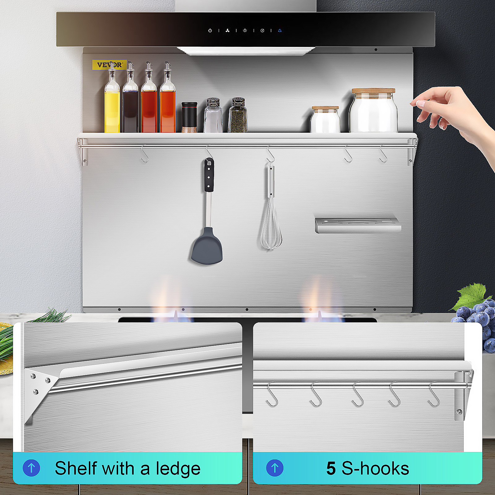 VEVOR Range Backsplash with Shelf 36 x 29.5 Inch Range Hood Wall Shield, Stainless Steel