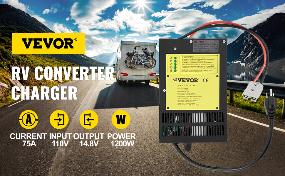 VEVOR 75 Amp RV Power Converter Charger, 110 Volt AC to 12 Volt DC