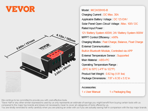 VEVOR 30A MPPT Solar Charge Controller, 12V / 24V Auto DC Input, Solar ...