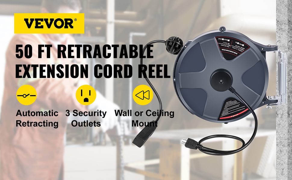 VEVOR Retractable Extension Cord Reel 50+3.2FT, 16/3 SJT Power Cord Reel,  Heavy Duty Electric Cord Reel, Wall/Ceiling Mount Retractable Cord Reel,  Automatic Flexible Triple Tap Connector with Stopper