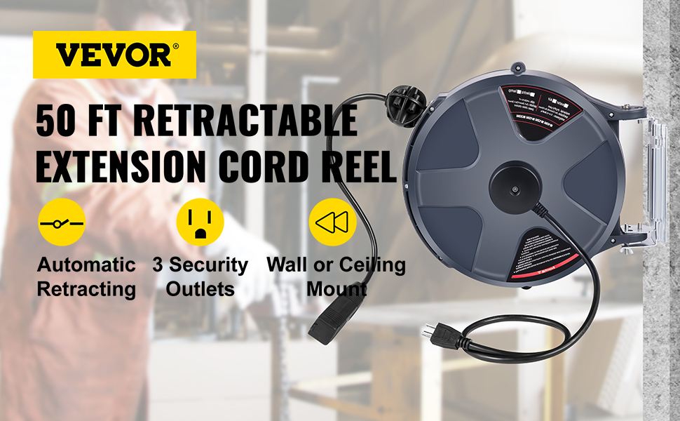 VEVOR Retractable Extension Cord Reel 50+3.2FT, 16/3 SJT Power