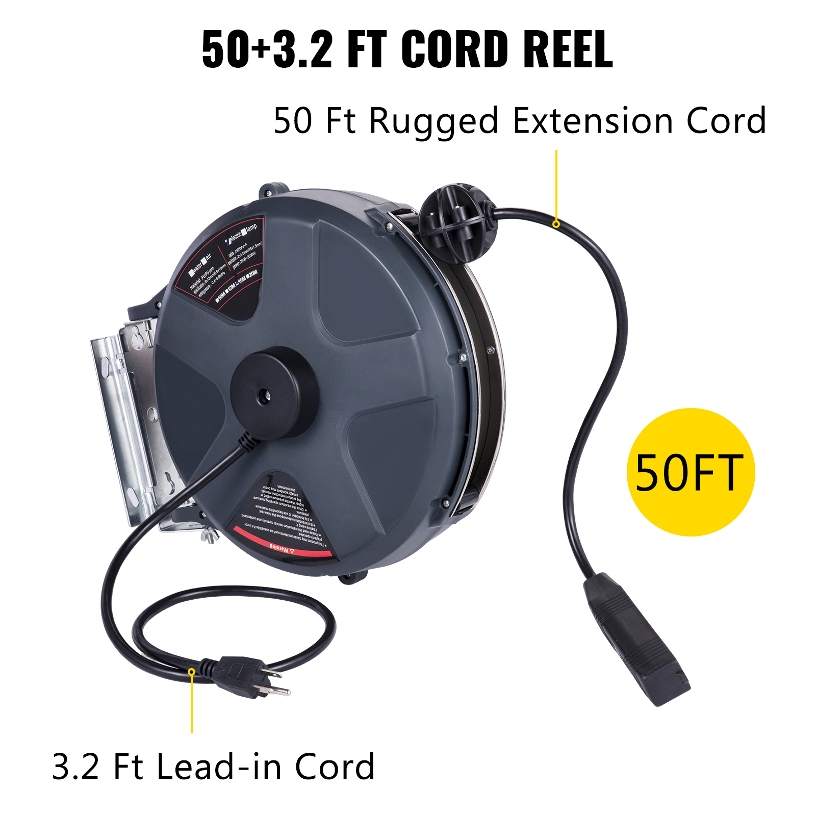 VEVOR Retractable Extension Cord Reel 50+3.2FT, 16/3 SJT Power Cord Reel,  Heavy Duty Electric Cord Reel, Wall/Ceiling Mount Retractable Cord Reel,  Automatic Flexible Triple Tap Connector with Stopper