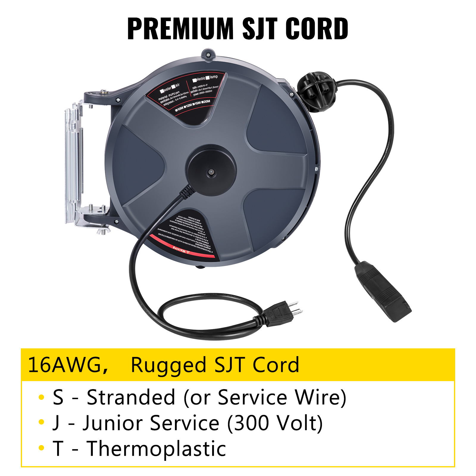 Carrete de extensión retráctil VEVOR, cable de alimentación SJTOW de 14  AWG/3C resistente de 50