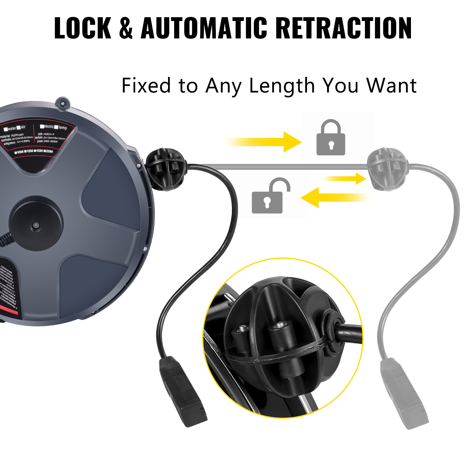 10M Retractable Extension Cord Reel 180° Swivel Bracket for