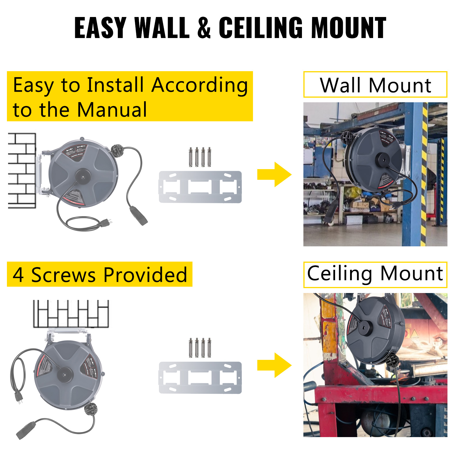 Retractable Extension Cord 14/16 Gauge Retractable Power Cord Reel Wall  Mounted