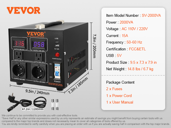 VEVOR Convertitore di Tensione Step Up/Down Portatile 110V-220V / 220V