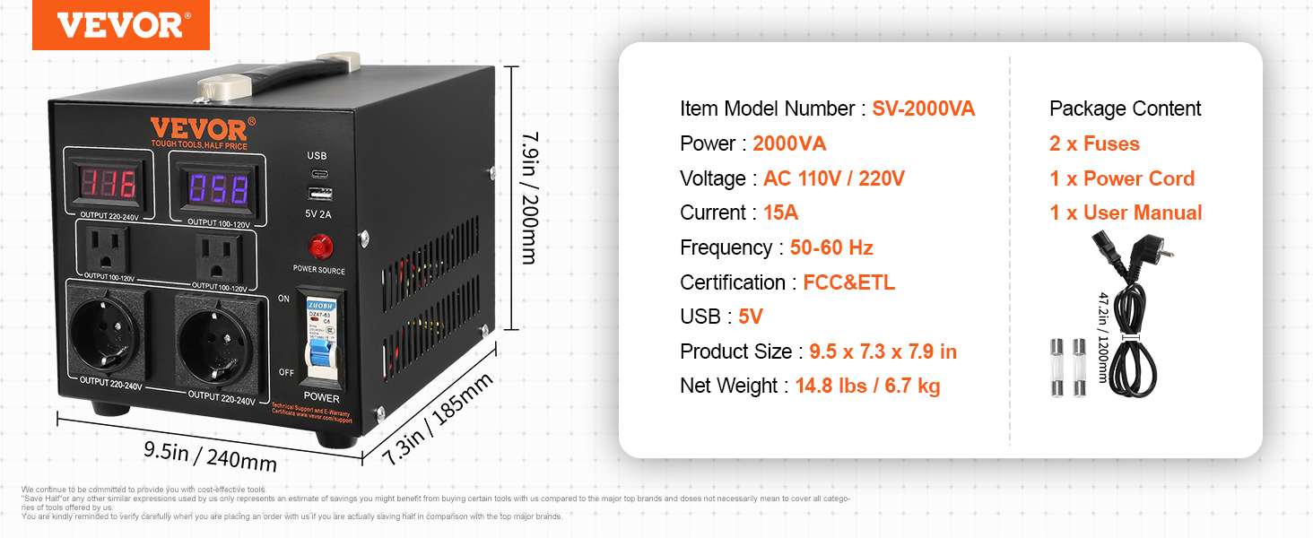 VEVOR Convertitore Tensione Step-up/Down 220-110V/110-220V 3000VA Uso  Domestico