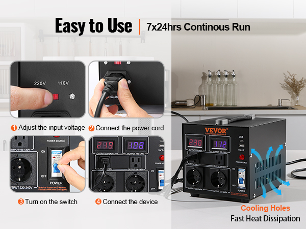 VEVOR Convertitore Di Tensione 2000VA Step Up/Down - 110V/220V, 4 Spine, USB, Portatile