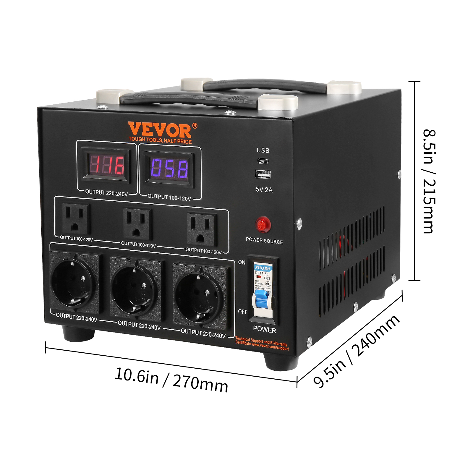 VEVOR 3000VA Spanningsconversietransformator, AC 110V 220V Transformator Omvormer 3 Us Nema 5 15r 3 Polige Uitgangsstopcontacten 3 Europese Shucko Uitgangsstopcontacten 1 Usb Aansluiting En 1 Type
