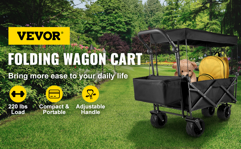 for Beach Utility Wagon Shopping and Camping Adjustable Handle and 2 Cup Holders Black Beach Wagon with 5 Solid Rubber Wheels Collapsible Folding Wagon Garden Cart Garden 