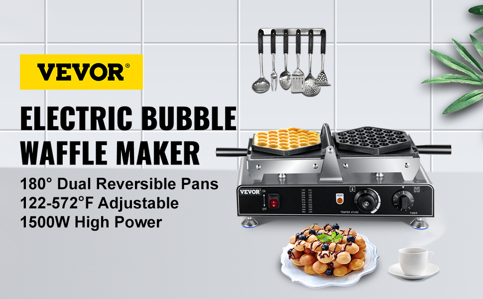 Bubble Waffle Maker, 110V Electric Egg Waffle Maker, 1500W Hong Kong Egg  Puff Machine w/2