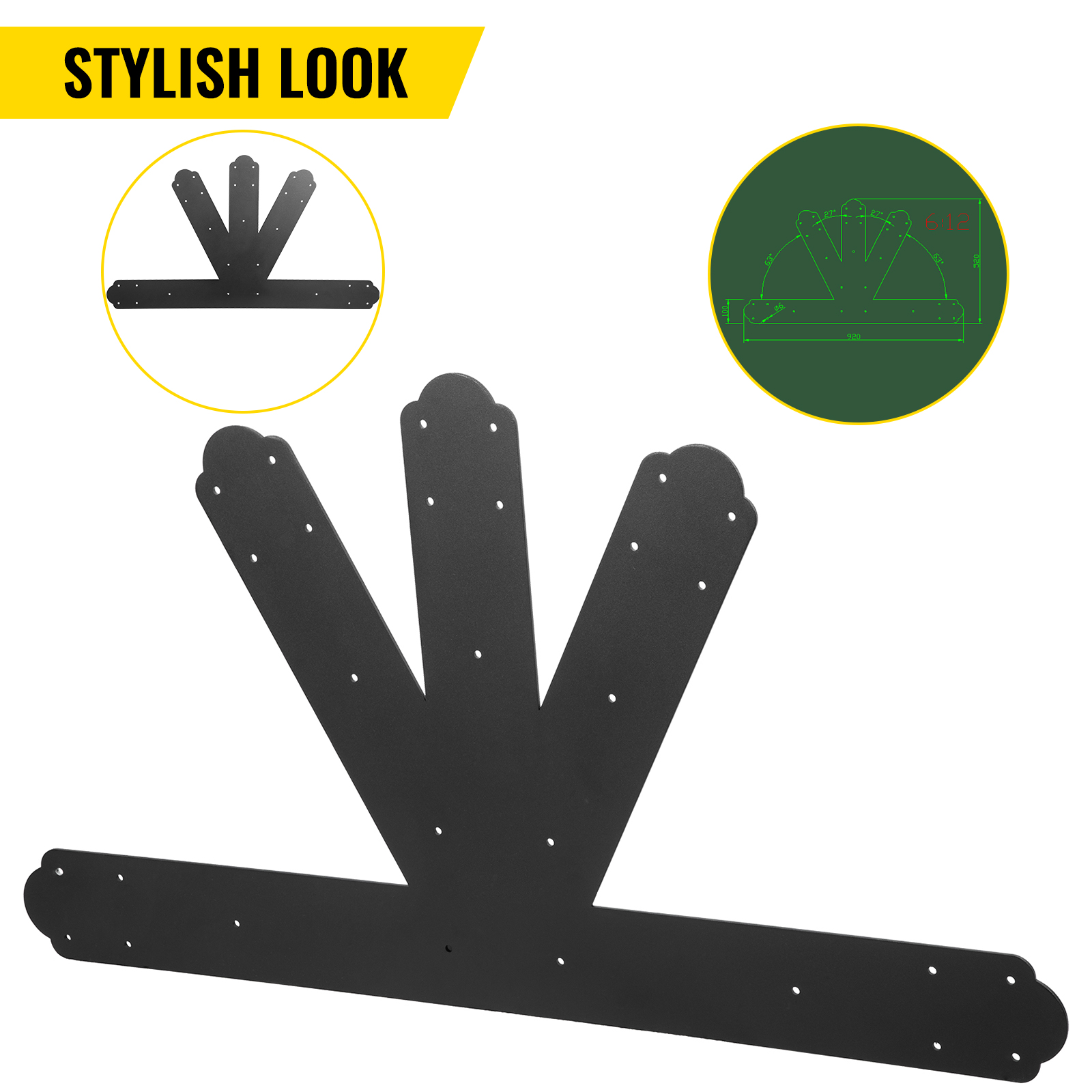 VEVOR Gable Plate, Black PowderCoated Truss Connector Plates, 612 Pitch Gable Bracket, 4 mm