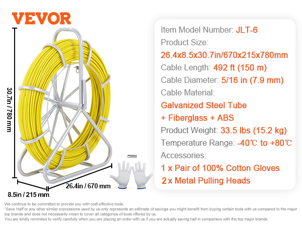VEVOR Fish Tape Fiberglass, 492 ft, 5/16 in, Duct Rodder Fishtape Wire  Puller, Cable Running Rod with Steel Reel Stand, 3 Pulling Heads, Fishing  Tools for Walls and Electrical Conduit, Non-Conductive