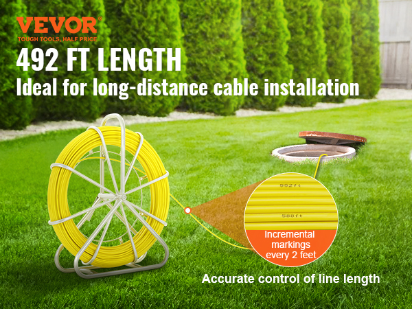VEVOR Fish Tape Fiberglass, 492 ft, 5/16 in, Duct Rodder Fishtape Wire  Puller, Cable Running Rod with Steel Reel Stand, 3 Pulling Heads, Fishing  Tools