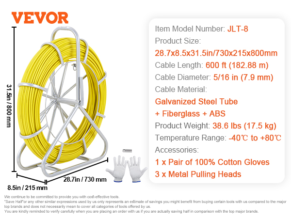 VEVOR Fish Tape Fiberglass, 600 ft, 5/16 in, Duct Rodder Fishtape Wire  Puller, Cable Running Rod with Steel Reel Stand, 3 Pulling Heads, Fishing  Tools