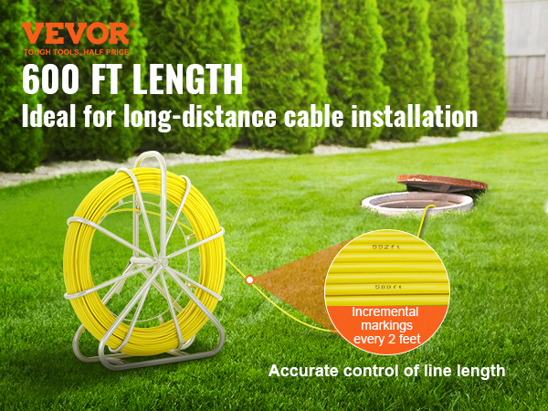 VEVOR Fish Tape Fiberglass, 600 ft, 5/16 in, Duct Rodder Fishtape Wire  Puller, Cable Running Rod with Steel Reel Stand, 3 Pulling Heads, Fishing  Tools for Walls and Electrical Conduit, Non-Conductive
