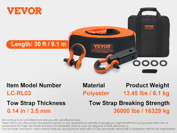 35,000 Lb Heavy Duty Tow Strap Kit - 3x30 Ft Recovery Strap With D-Ring Shackles