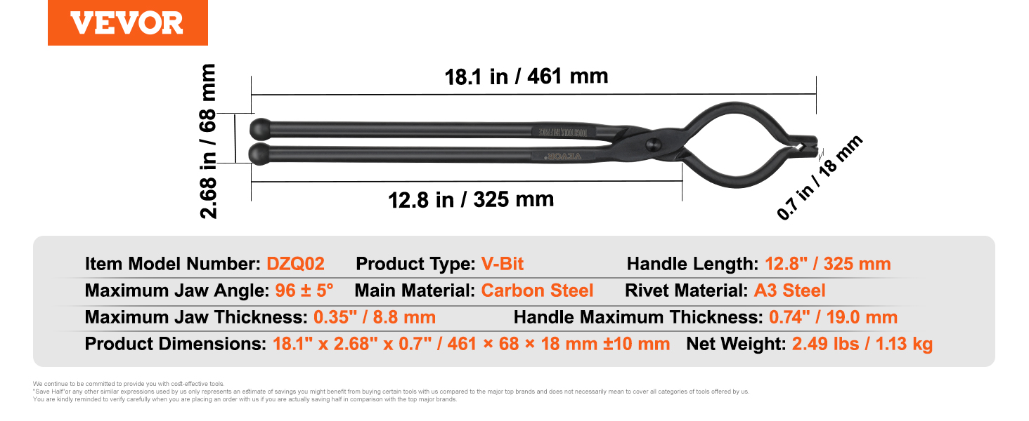 Blacksmith Tongs,18 inch, V-Bit Bolt Tongs