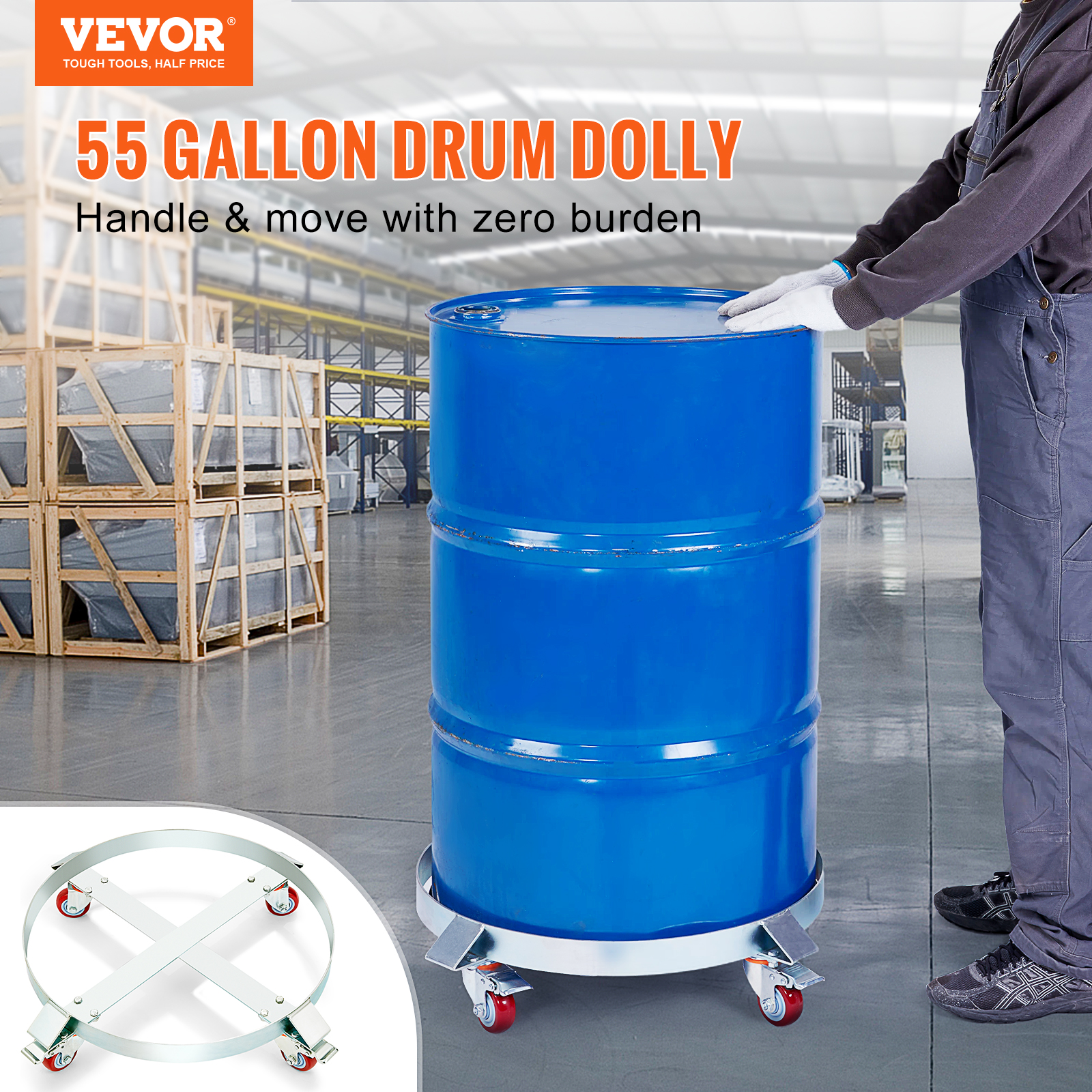 VEVOR 55 Gal Drum Dolly Heavy Duty Barrel Cart 1000-2000lbs with Swivel Casters - Picture 16 of 62