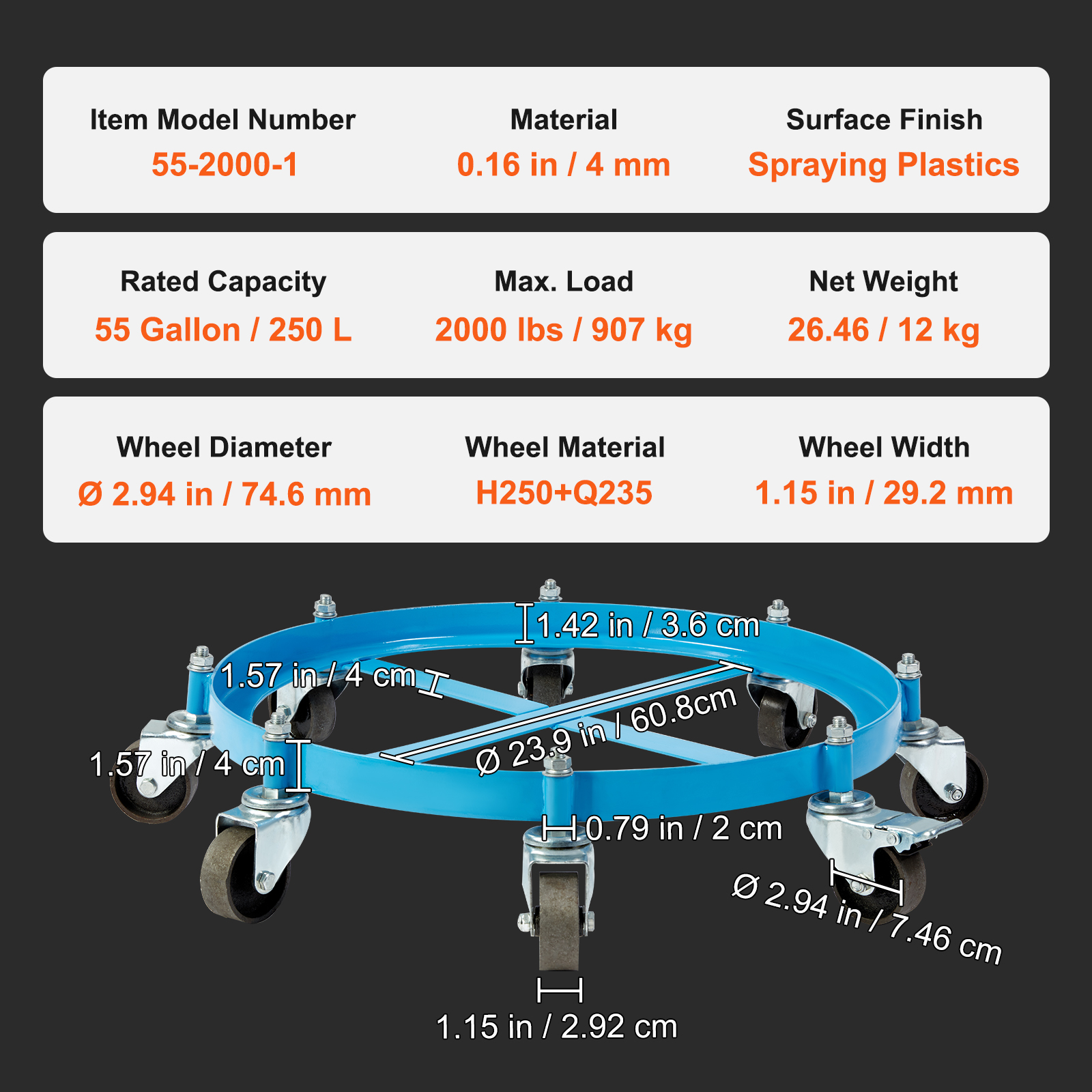 VEVOR 55 Gal Drum Dolly Heavy Duty Barrel Cart 1000-2000lbs with Swivel Casters - Picture 45 of 62