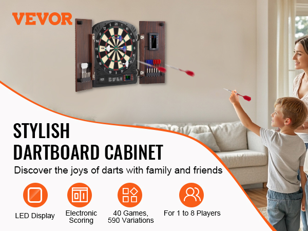 Set Bersaglio Freccette VEVOR Con Mobiletto, Punteggio Elettronico LED, Freccette A Punta Morbida, 40 Giochi Inclusi
