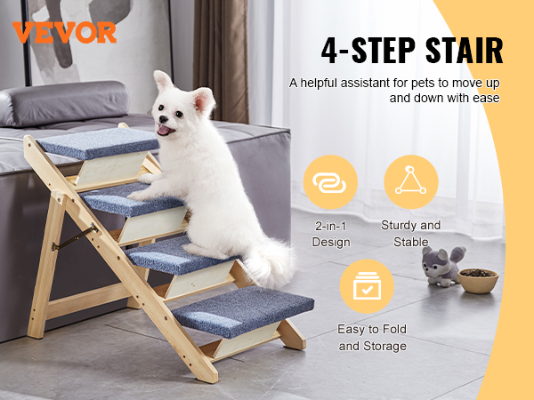 VEVOR Wood Pet Stairs/Pet Steps, 2-in-1 Foldable Wooden Dog Stair for ...