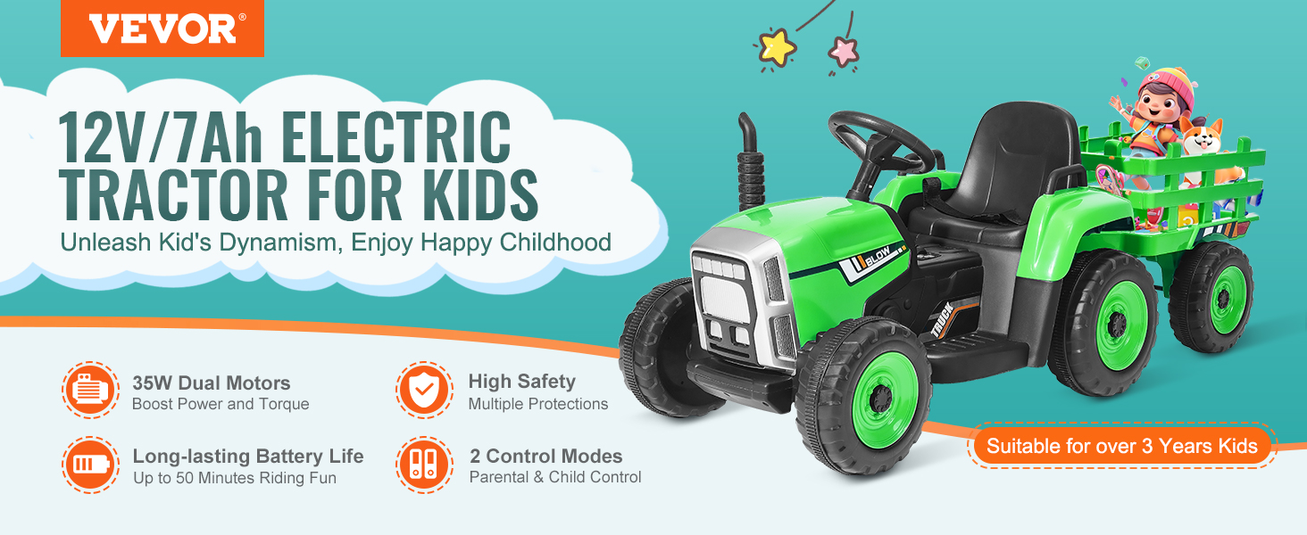 VEVOR Kids Ride on Tractor 12V Electric Toy Tractor with Trailer Remote  Control