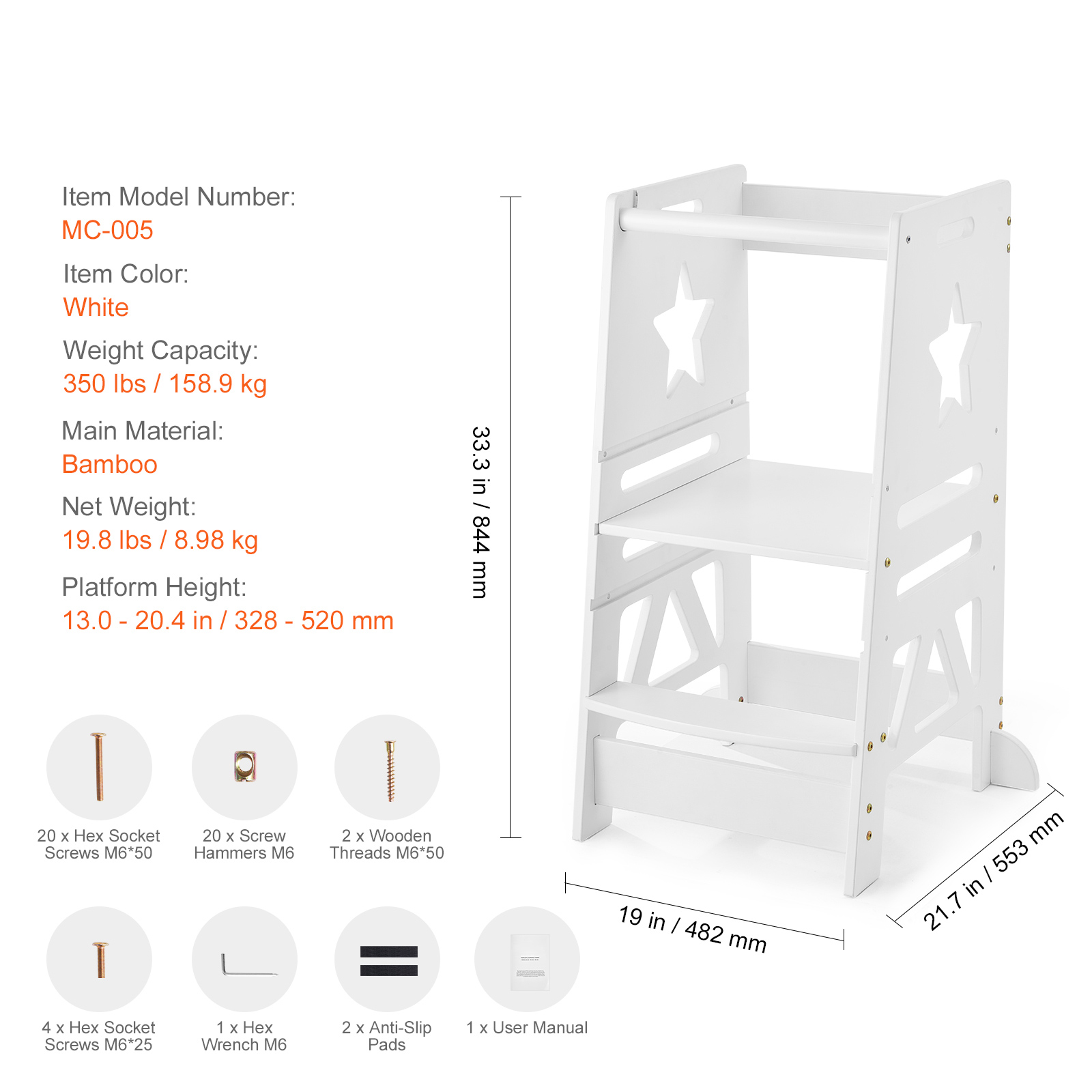 Tower Step Stool for Toddlers Kids 3-Level Height Adjustable 350LBS White - Picture 7 of 12