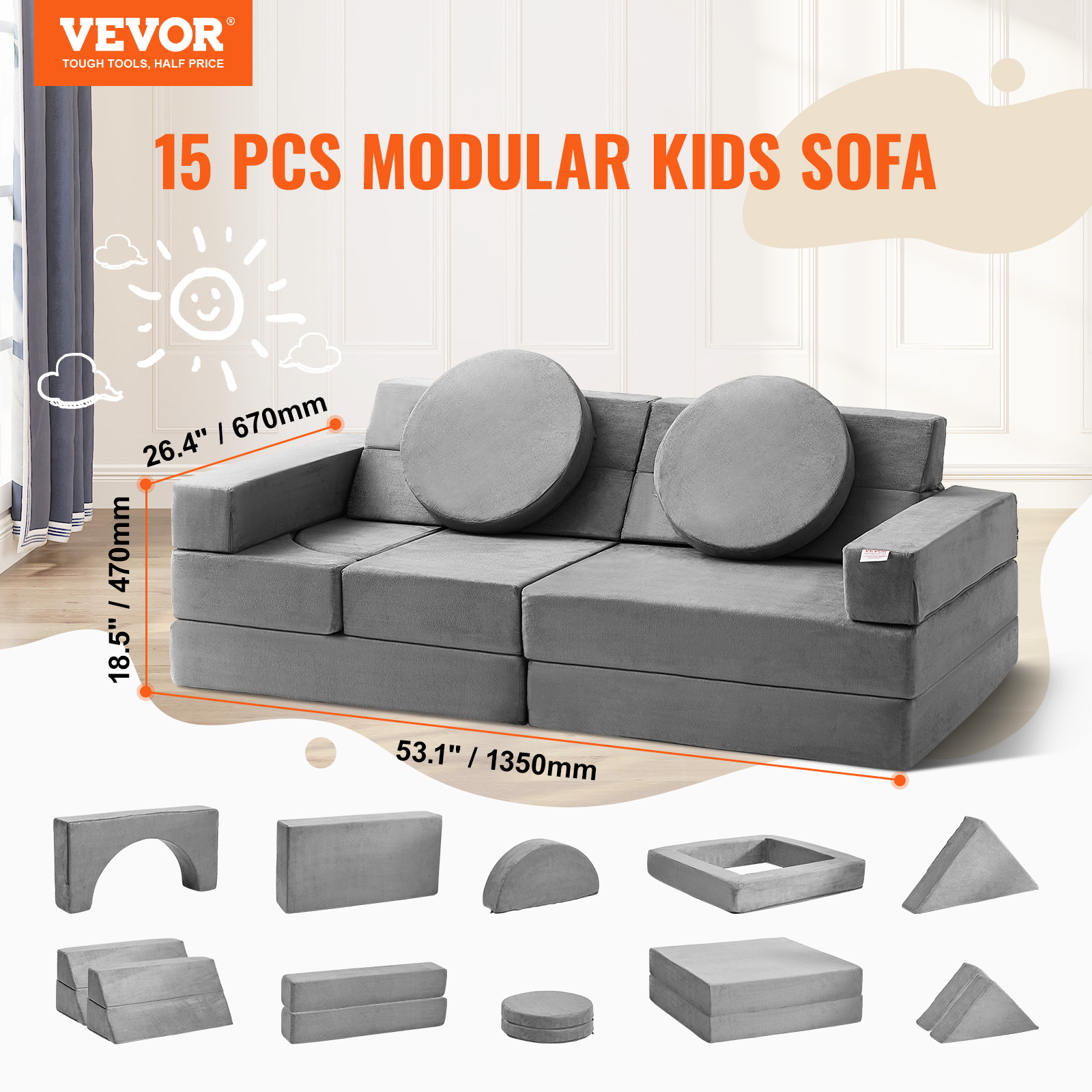 VEVOR Kids Play Couch 4-15 pcs Modular Kids Play Couch High-density 25D Sponge - Picture 4 of 50