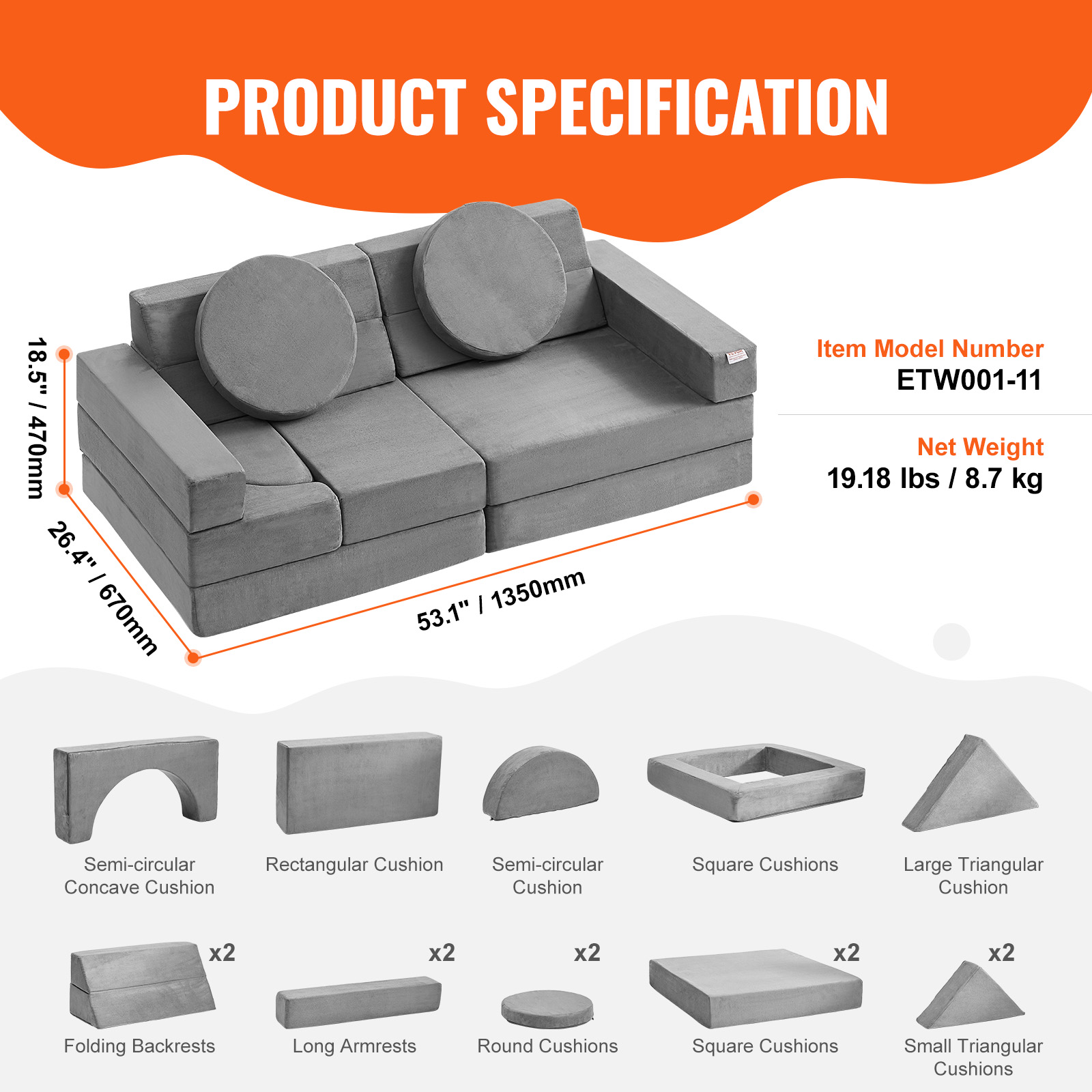 VEVOR Kids Play Couch 4-15 pcs Modular Kids Play Couch High-density 25D Sponge - Picture 9 of 50