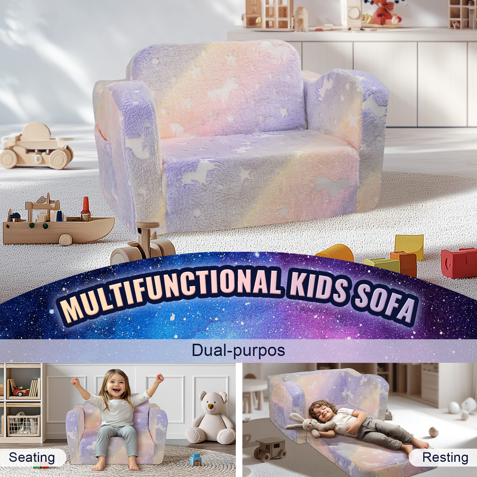 Foldable Baby Chair 2-in-1 Baby Lounger Couch Glow in Dark Kids Sofa - Picture 28 of 122