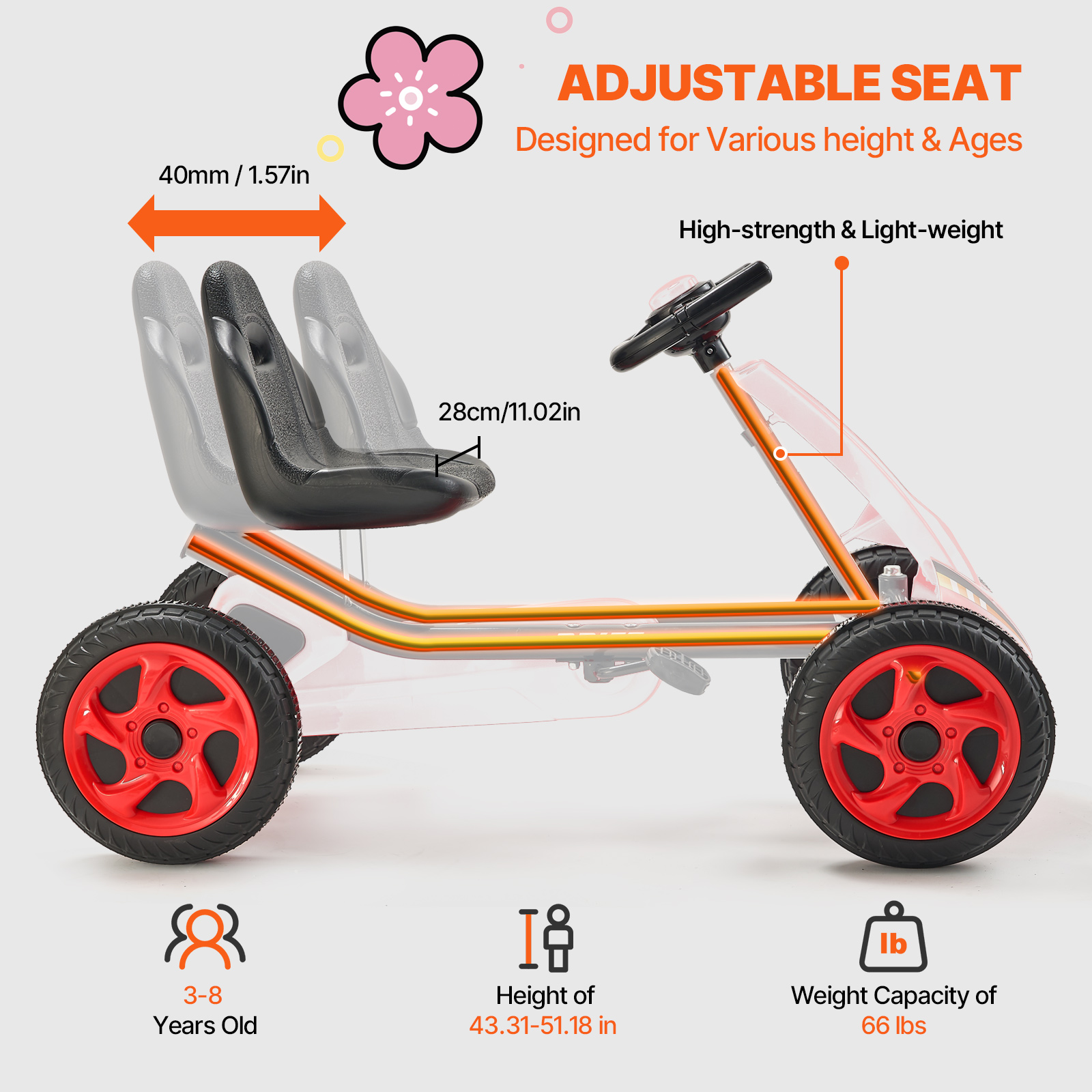 VEVOR Go Kart 4 Wheel Pedal Ride On Toy for Kids Adjustable Seat Ages 3-12 Red - Imagen 18 de 26