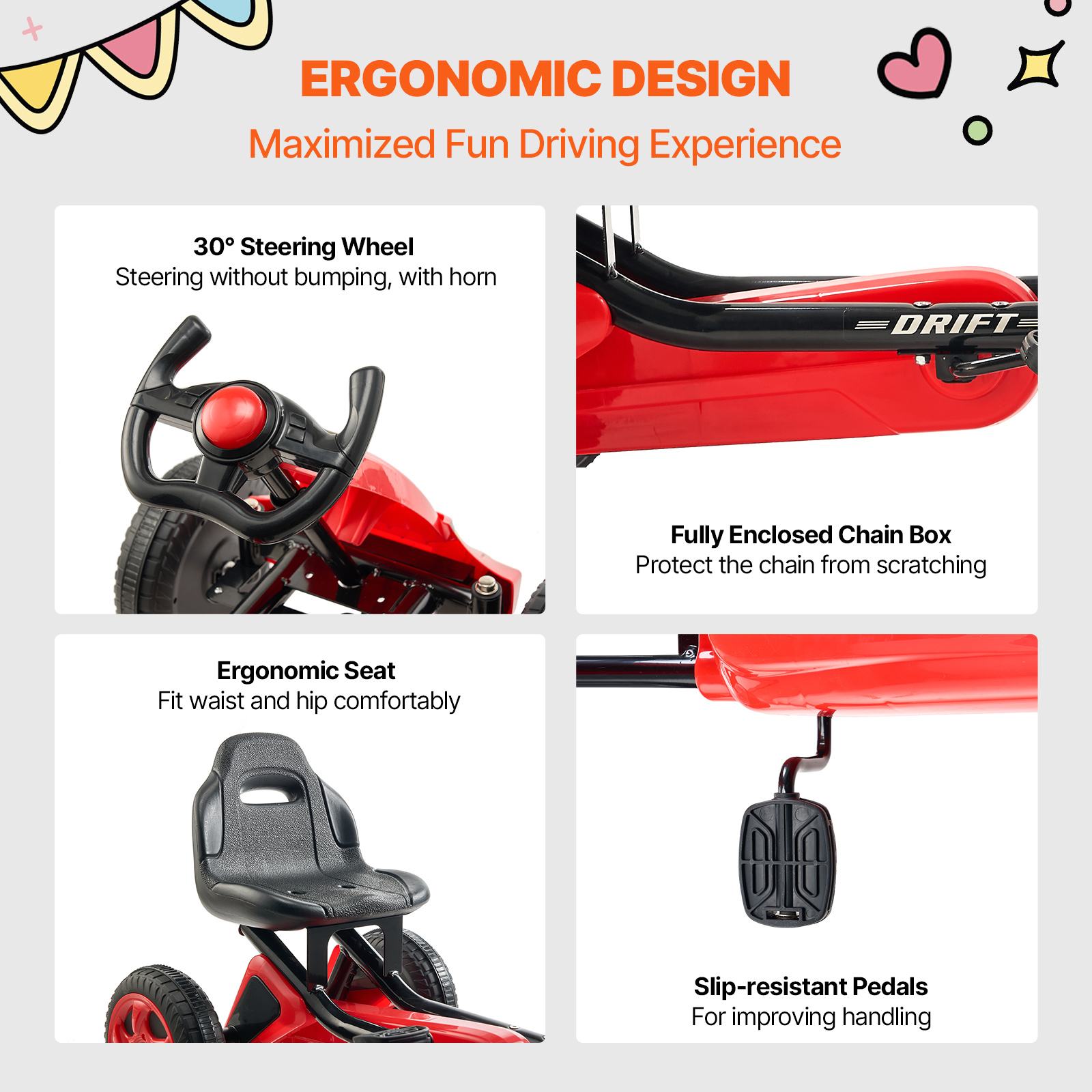 VEVOR Go Kart 4 Wheel Pedal Ride On Toy for Kids Adjustable Seat Ages 3-12 Red - Imagen 20 de 26