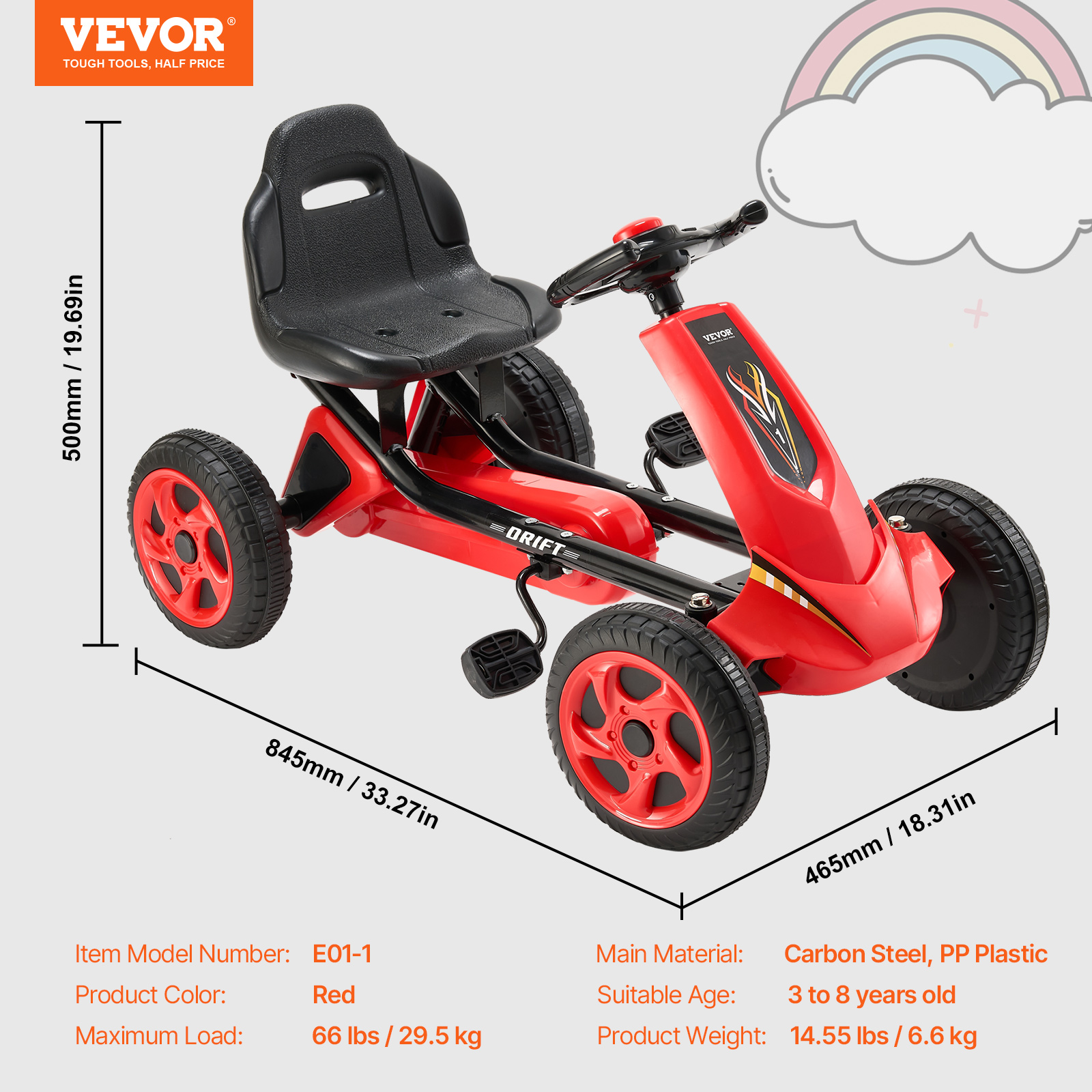 VEVOR Go Kart 4 Wheel Pedal Ride On Toy for Kids Adjustable Seat Ages 3-12 Red - Imagen 21 de 26