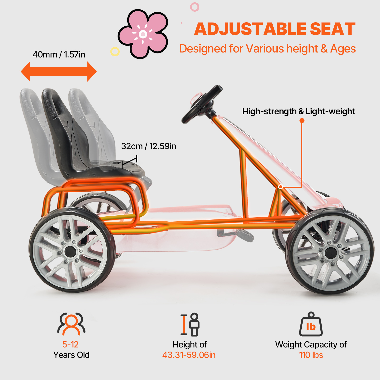 VEVOR Go Kart 4 Wheel Pedal Ride On Toy for Kids Adjustable Seat Ages 3-12 Red - Imagen 6 de 26