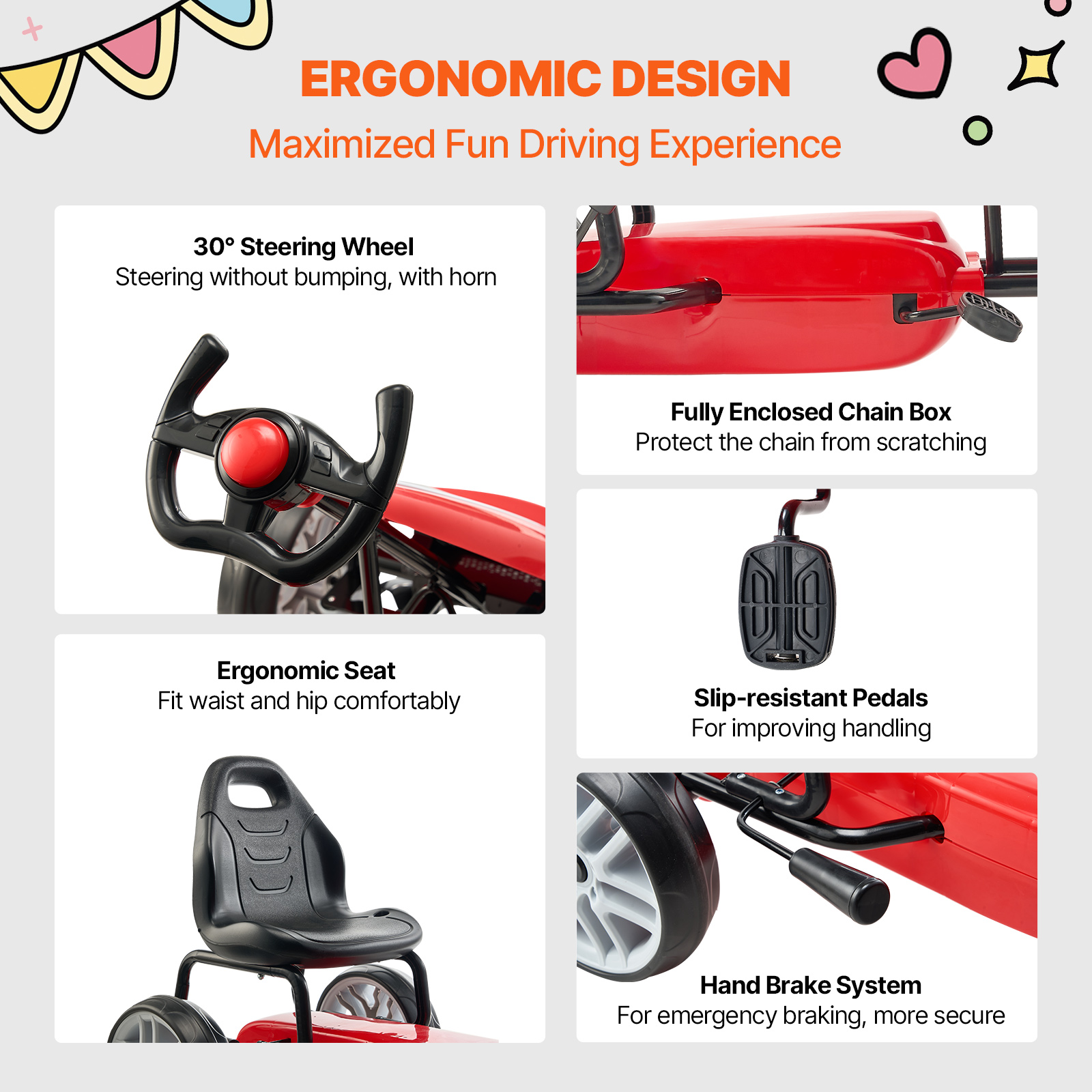 VEVOR Go Kart 4 Wheel Pedal Ride On Toy for Kids Adjustable Seat Ages 3-12 Red - Imagen 8 de 26